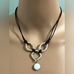 Silpada 925 Sterling Silver Hammered Metal Pearl Leather Necklace